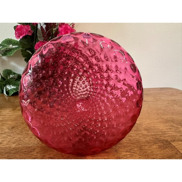 Vintage Cranberry Glass Vase Ruffled Edge Diamond Optic Mid Century Art Glass - Picture 7 of 7